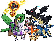 gen 5 sprite of the black/white female protagonist alongside a zekrom, tropius, mewtwo, victini, fan rotom, and samurott